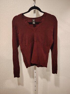 W Women's Sweater Size Large V-Neck Rib Knit Ribbed